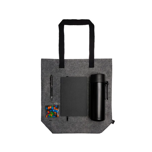 Logo Line welcome kit with a felt tote, stainless steel bottle, notebook, pen and a small bag of sweets